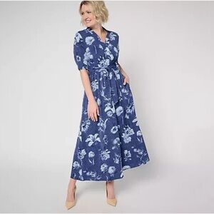 BEAUTIFUL by Lawrence Zarian Printed Faux Wrap Midi Dress-Navy-Petite XS-A682094